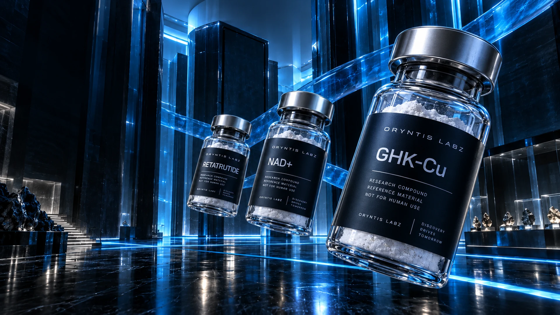 Oryntis Labz research vials in a blue-lit laboratory environment